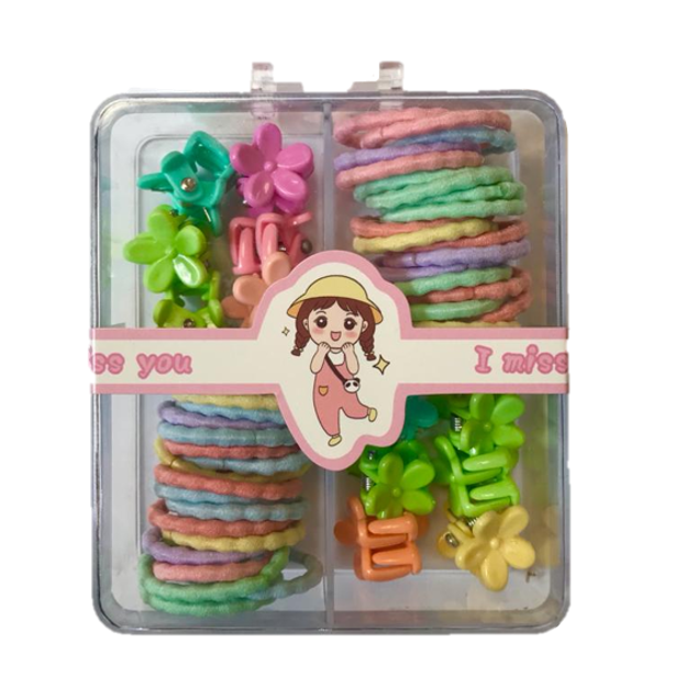 Mini Box of 3 Assorted Flower / Rabbit Hair Accessories Clips and Elastic Bands 1.5 - 2 cm Assorted Colours 7335 (Large Letter Rate)