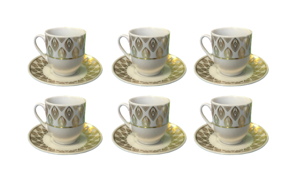 Coffee Tea Cup Set with Saucers Set of 12 Gold / White Assorted Designs 7518 (Parcel Plus  Rate)