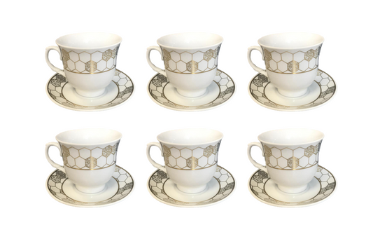 Coffee Tea Cup Set with Saucers Set of 12 Gold / White Assorted Designs 7528 (Parcel Plus  Rate)