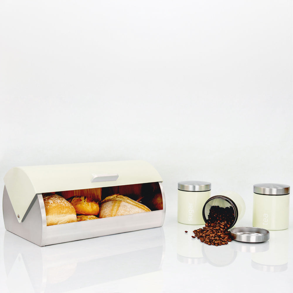SQ Professional Dainty Metal Bread Bin with 3 Canisters Chantilly Cream 7664 (Big Parcel Rate)