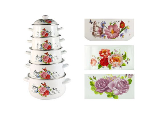 Enamel Cooking Pot Set of 5 Floral Design Assorted Designs 773D / 9199 (Big Parcel Rate)