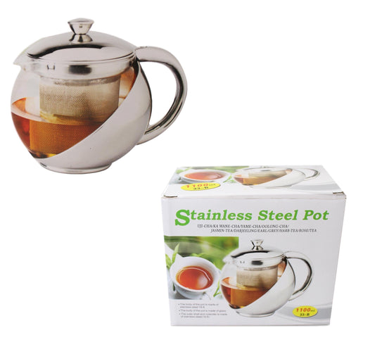 Stainless Steel and Glass Teapot with Mesh Strainer Filter 1100ml 2349 (Parcel Rate)