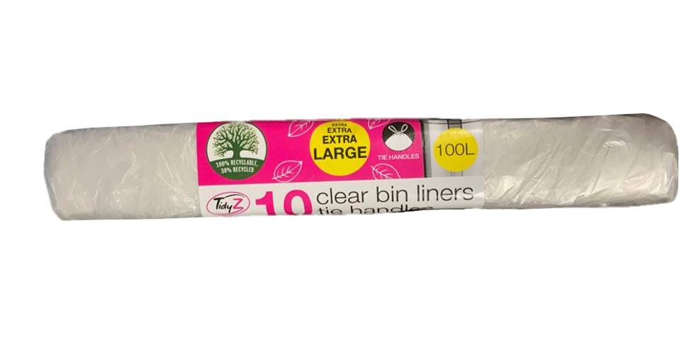 Extra Large Clear Pedal Bin Bag Liners with Tie Handles 100L 110 x 160 cm Roll of 10 B0558 (Parcel Rate)