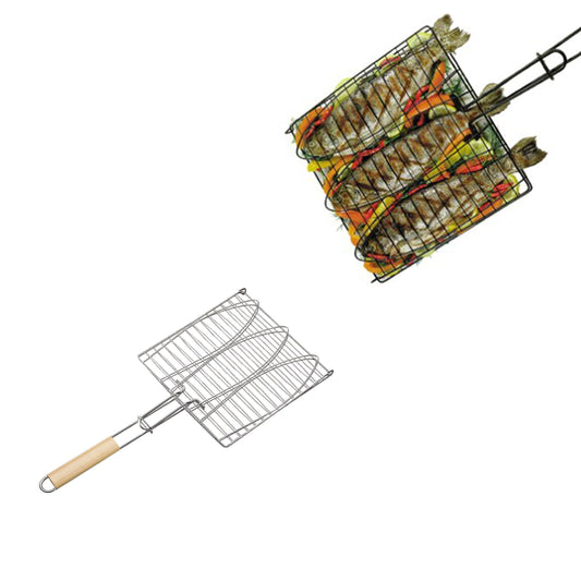 BBQ Metal Meat Fish Roasting Grilling Basket with Wooden Handle 38 x 38 cm 4532 / 9998 A (Parcel Rate)p