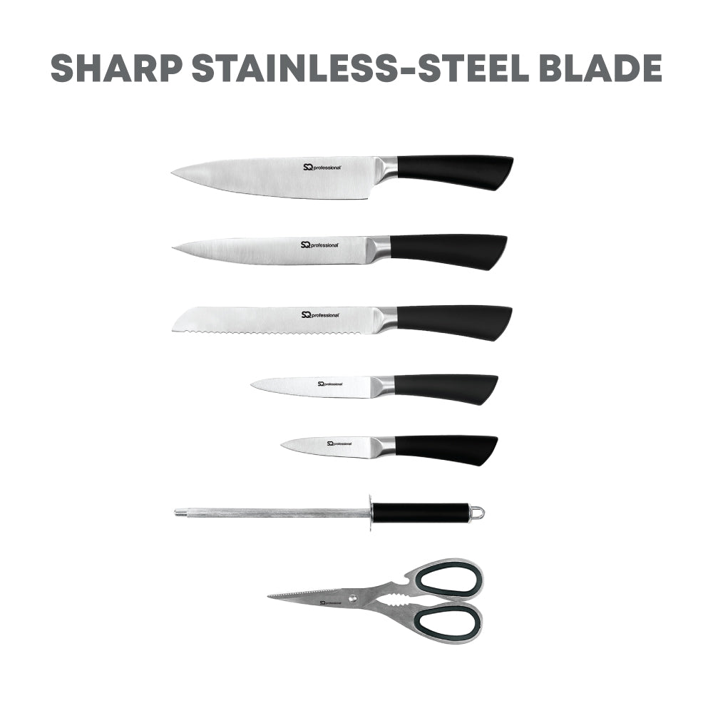 SQ Professional Stainless Steel Kitchen Knife Set of 8 Black 8742 (Parcel Rate)
