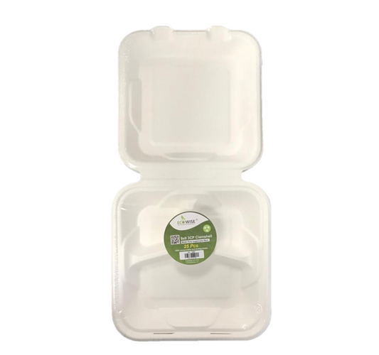 Disposable Compostable Eco-Bio Bagasse Sugarcane Clamshell Burger Box 3 Compartment 23 x 23 cm Pack of 25 EC1895 (Parcel Rate)