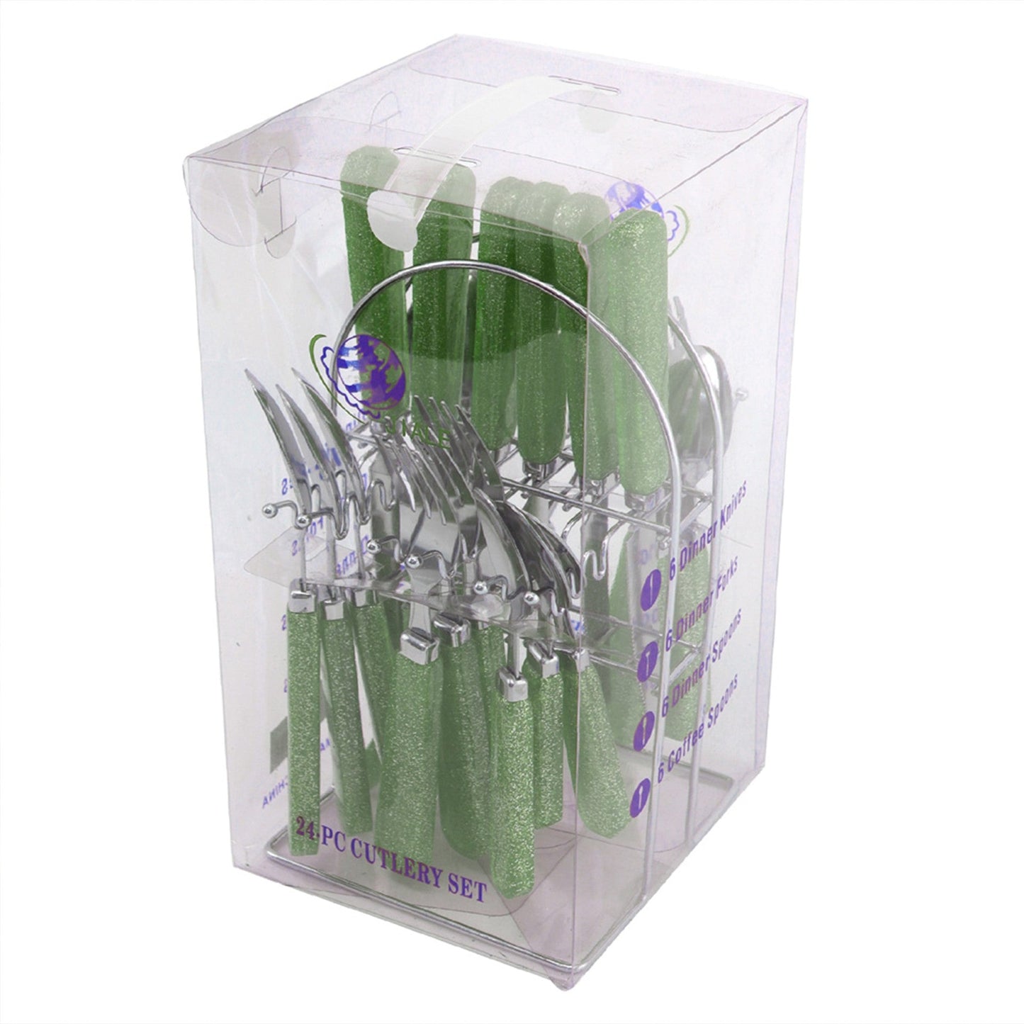 SQ Durane Metal Cutlery Set of 24 Green Glitter 10731 A (Parcel Rate)