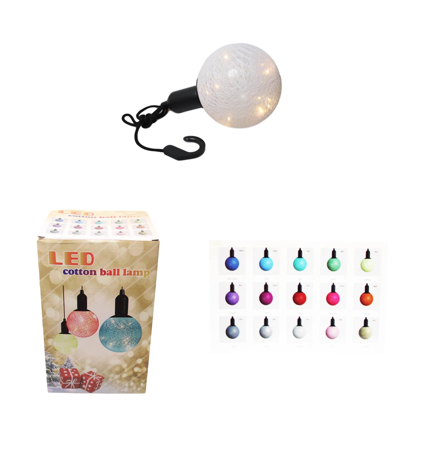 (M) Cotton Ball Ceiling Lamp Battery Operated String LED Indoor Hook Assorted Colours 6332 (Parcel Rate)