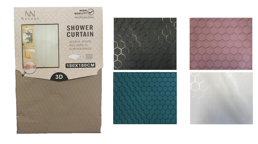 EVA / PE Bathroom Shower Curtain with Curtain Rings Hexagon Pattern 180 x 180 cm Assorted Colours 7344 (Parcel Rate)