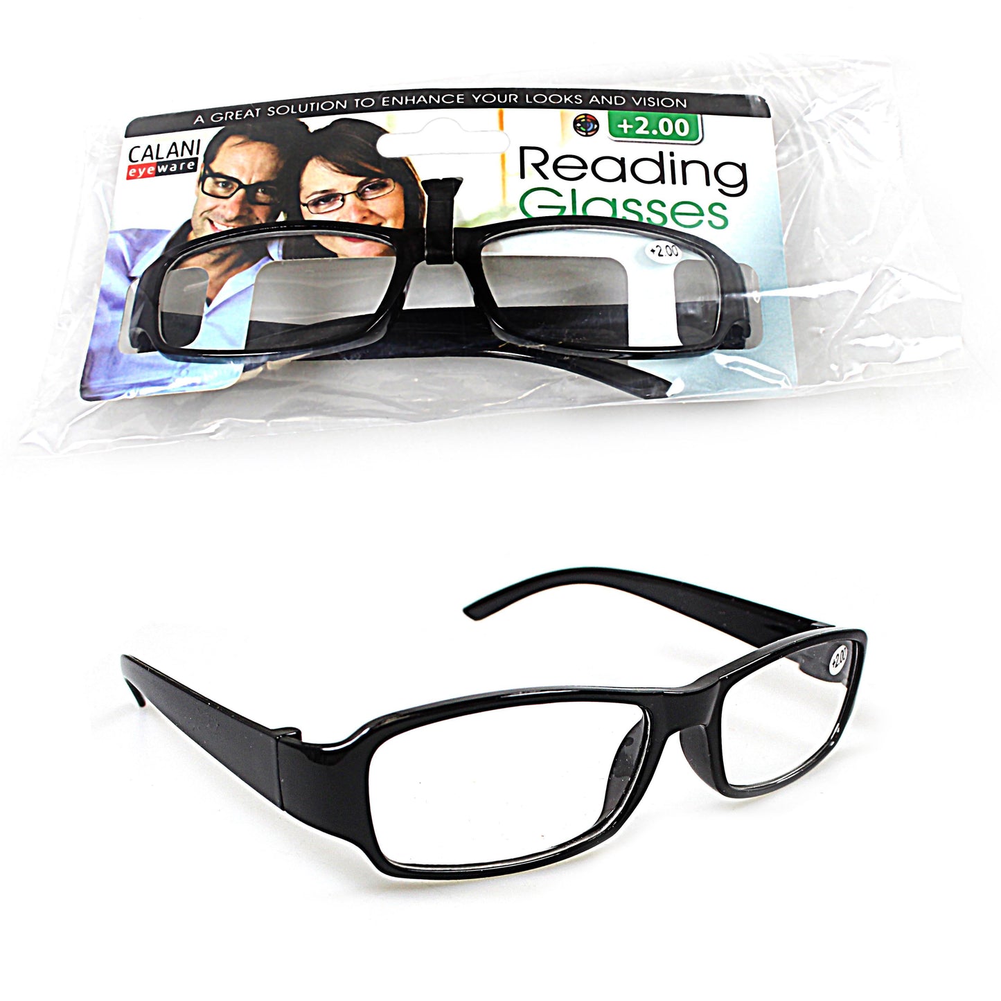 Plastic Calani Black Reading Glasses +2.00 BOX200 (Parcel Rate)