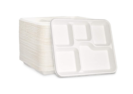 Disposable Compostable Eco-Bio Bagasse Sugarcane 5 Compartment Shallow Tray Pack of 25 EC1048 (Parcel Rate)