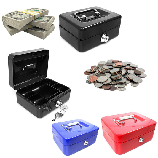 4'' Blue Black Red Cash Deposit Box Metal Security Money Bank With Tray & 2 Keys 0197 (Parcel Rate)