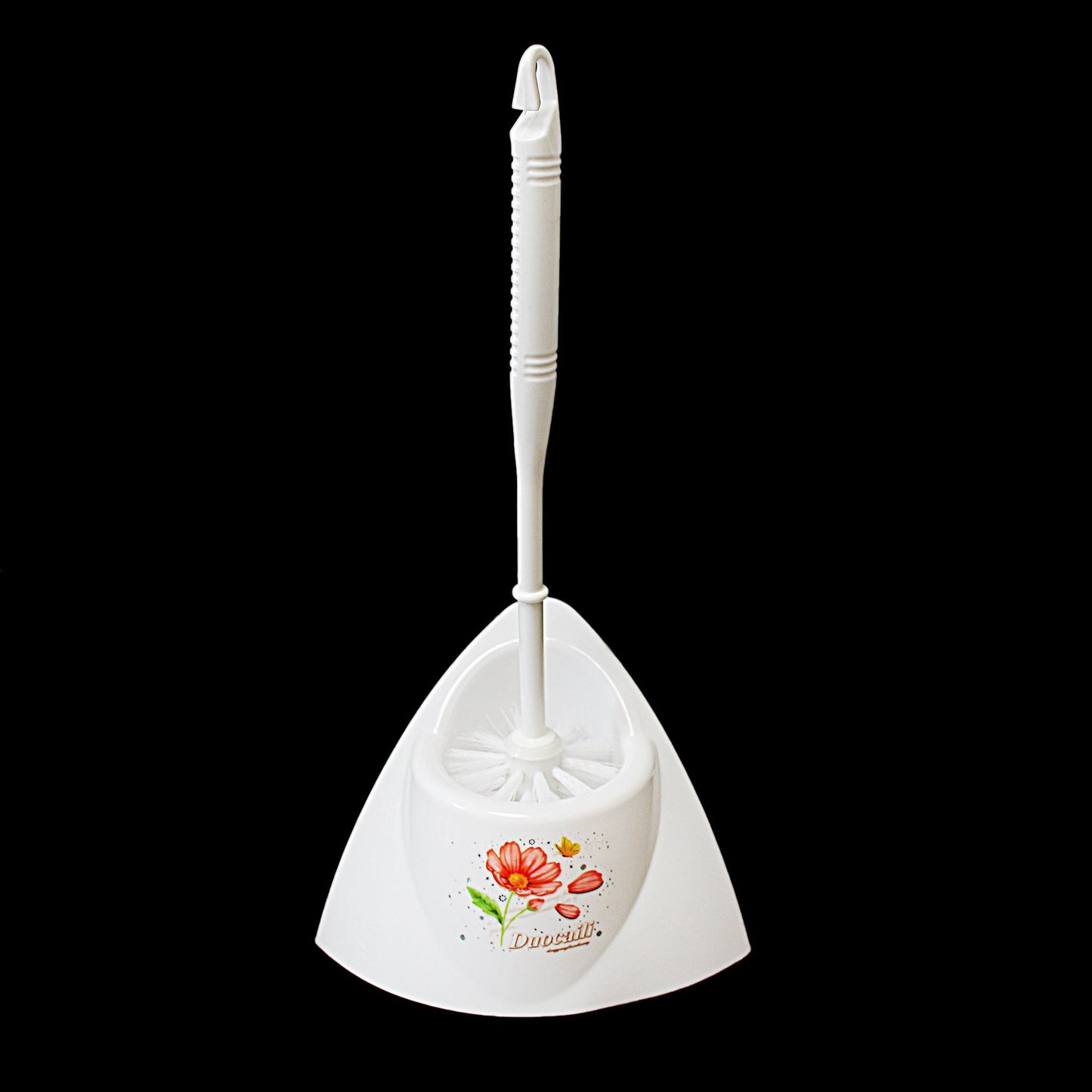 White Plastic Corner Toilet Brush with Stand Floral Print 30 cm 0407 A  (Parcel Rate)