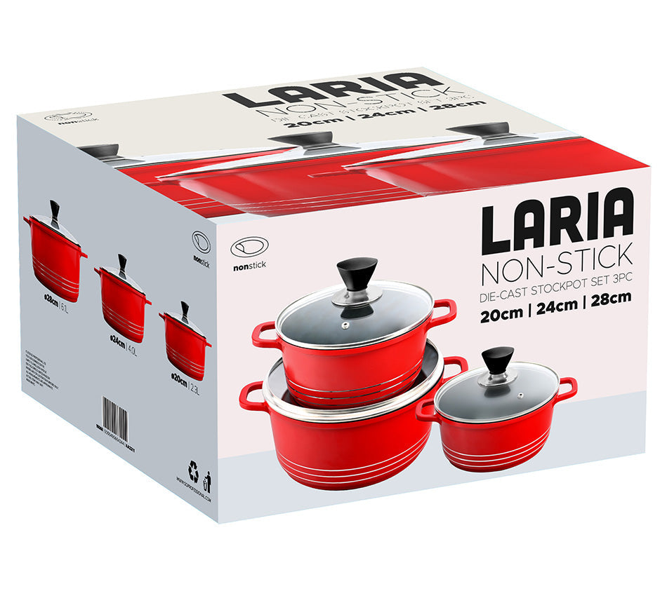 Laria Non Stick Die Cast Stockpot Pan Set 3pcs Red 10568 / AA2211 (Big Parcel Rate)