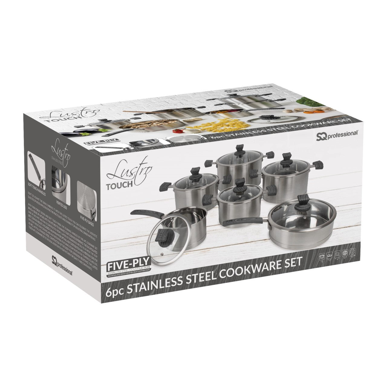 SQ Professional Lustro Touch Stainless Steel Cookware Set of 6 Black 9966 (Big Parcel Rate)